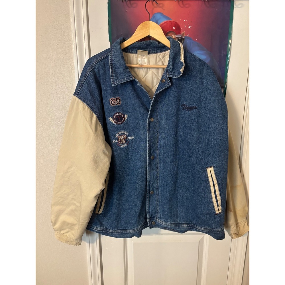 Vintage Disney Tigger Denim Varsity Jacket Mens XL Blue Tan Quilted Embroidered